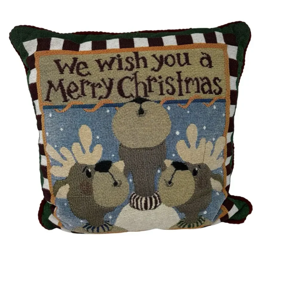 Holiday Vintage Tapestry Reindeer We Wish You A Merry Christmas Pillow Home Deco